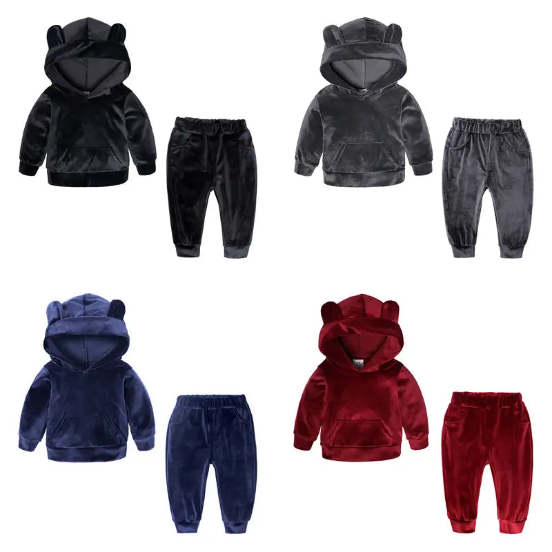 Velvet Hoodie Pants Set for Kids Bear Ears Hooded Sweatshirt
