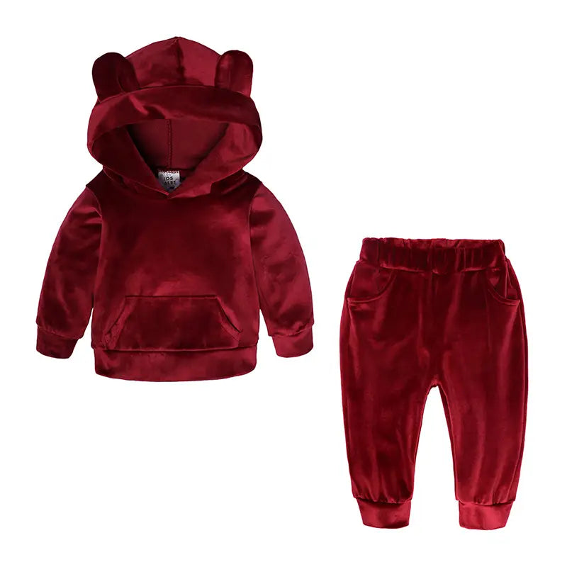 Velvet Hoodie Pants Set for Kids Bear Ears Hooded Sweatshirt