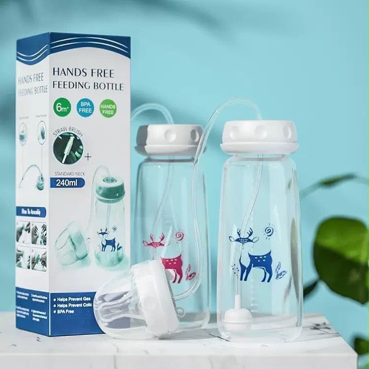 Hands-Free Baby Feeding Bottle 240ml – Anti-Colic Nursing System with Silicone Straw & Soft Nipple