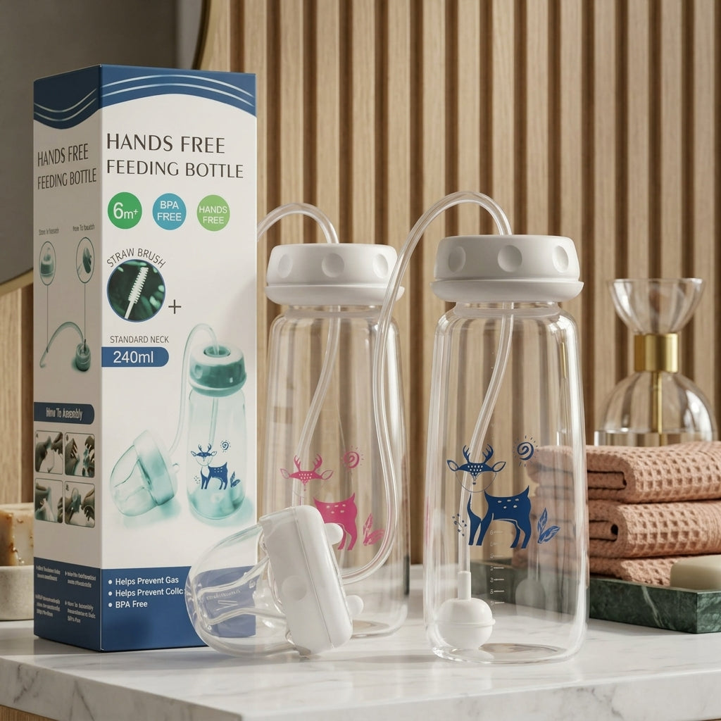 Hands-Free Baby Feeding Bottle 240ml – Anti-Colic Nursing System with Silicone Straw & Soft Nipple