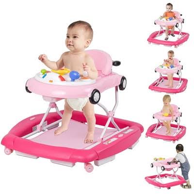 Pink Baby Walker with Overhead Toys for Newborns
