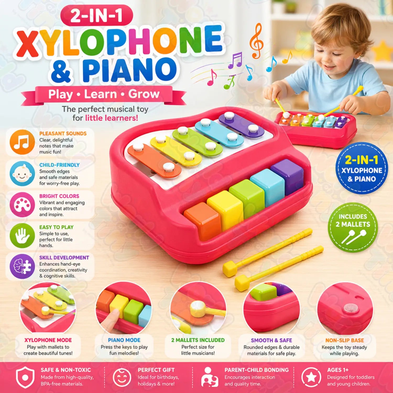 2-in-1 Kids Piano & Xylophone Toy | 5-Key Rainbow Musical Toy for Toddlers (3+ Years)